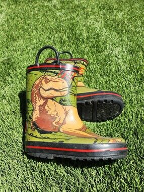 Kids Dinosaur Rain Boots Size 10C Green and Orange Jurassic Park